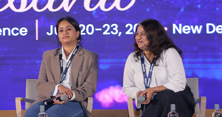 Sowbhagyalakshmi KT, director of Printers Mysore (left), and Mayura MS, director/digital business at Mathrubhumi, speak to conference delegates.