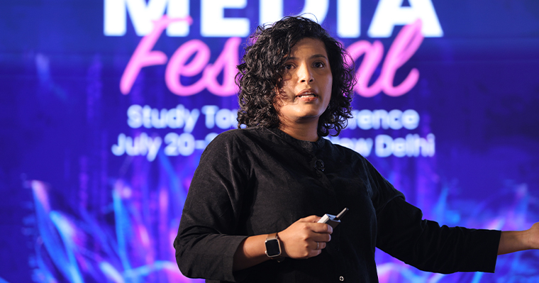 Sannuta Raghu, head of AI product at Scroll, speaks in New Delhi.