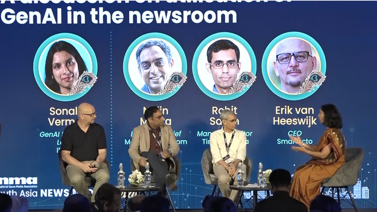 Speaking at the recent INMA South Asia News Media Festival from left to right: Erik van Heeswijk of Smartocto, Rohit Saran of Times of India, Nalin Mehta of MoneyControl.com, and Sonali Verma of INMA.