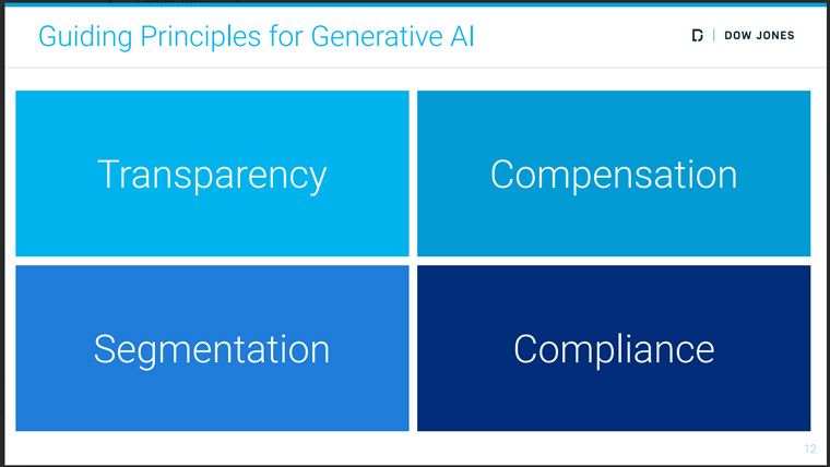 Prashant Verma, director of partnerships at Dow Jones/India, explained Dow Jones' guiding principles of GenAI.