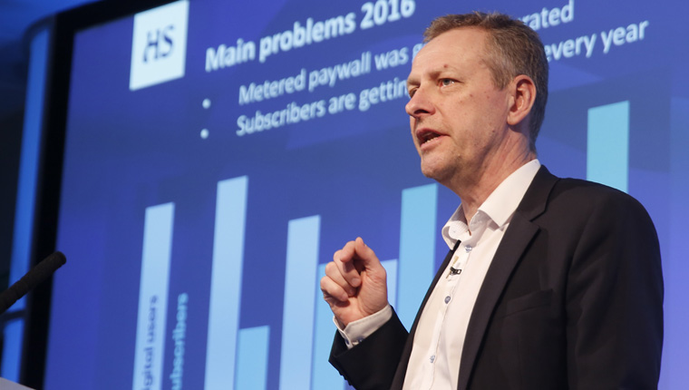 Petteri Putkiranta, president of Helsingin Sanomat, explains how the news media company identified subscriber-only content with a diamond symbol.