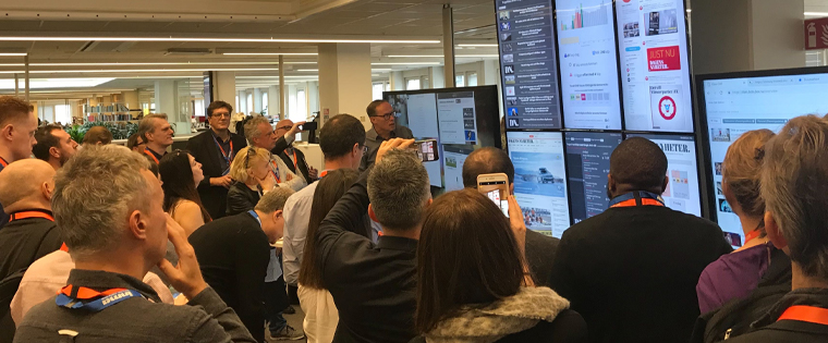 The Dagens Nyheter newsroom was one of four stops in Stockholm Wednesday.