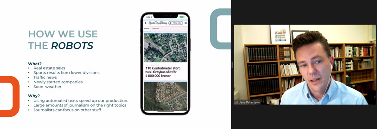 Jens Pettersson, chief digital reader revenue officer for NTM, shared how the media company uses robot journalism in the newsroom.