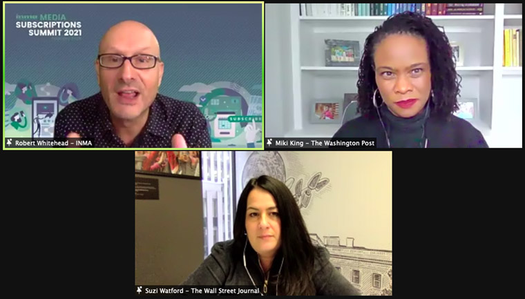 Miki King, chief marketing officer (top right), and Suzi Watford, executive vice-president/chief marketing and membership officer at The Wall Street Journal (bottom), talk subscription growth with Summit Moderator Robert Whitehead.