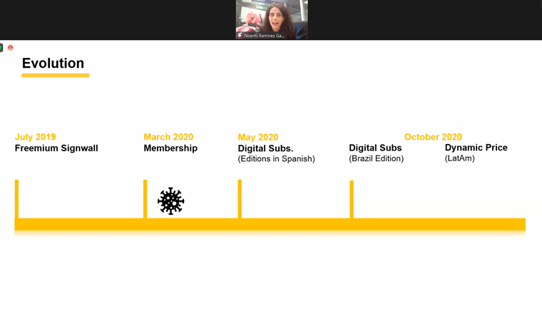 Noemi Ramirez Garcia, chief customer and product officer for Prisa Noticias, shared the timeline of the company's paywall.