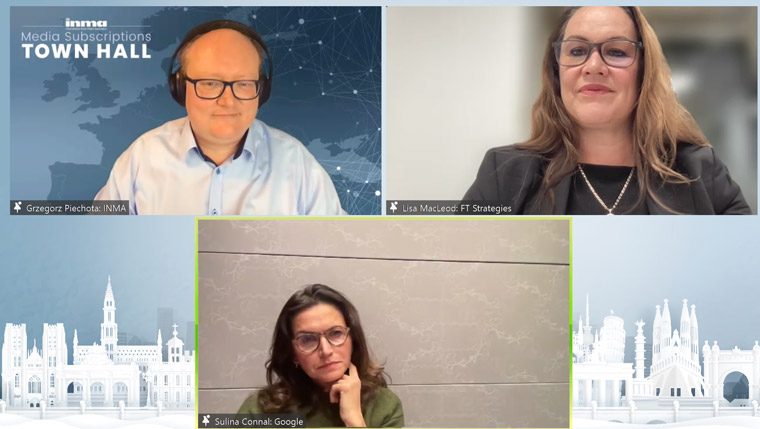 Greg Piechota, INMA's Readers First Initiative lead (top left); Lisa MacLeod (top right), principal consultant and publishing lead for FT Strategies; and Sulina Connal (bottom), managing director news and books partnership for Google.