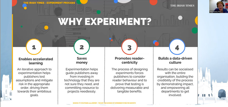 Cliona Mooney, subscriptions and reader insights director for The Irish Times, shared four reasons the company prioritises experimentation.