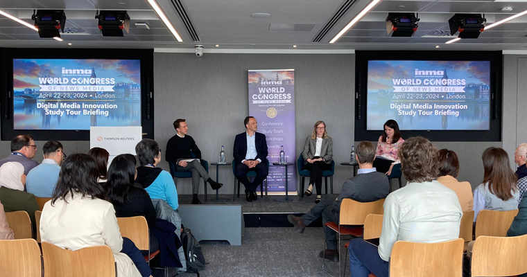 Joanna Webster (far right), global managing editor/visuals at Reuters, speaks to study tour attendees.