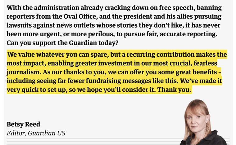 A note at the bottom of a popular story about Trump's immigration changes from Guardian U.S. Editor Betsy Reed.