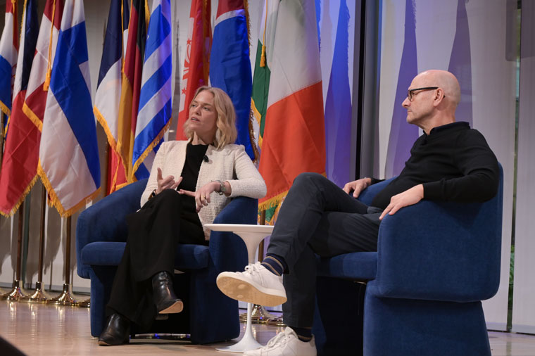 INMA co-moderator Robert Whitehead (right) talks with NPR CEO Katherine Maher.