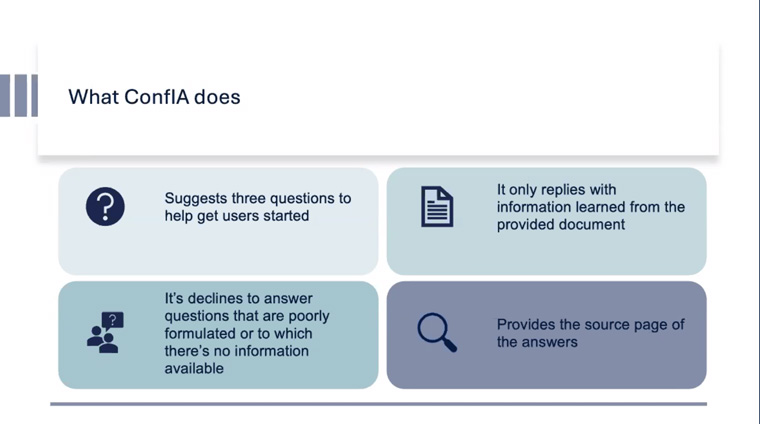 ConfIA helps users get started and provides information from the document it was trained on.