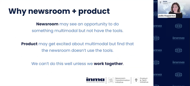 Newsrooms and product teams must work together on a multimodal content strategy, Hopperton told INMA members.