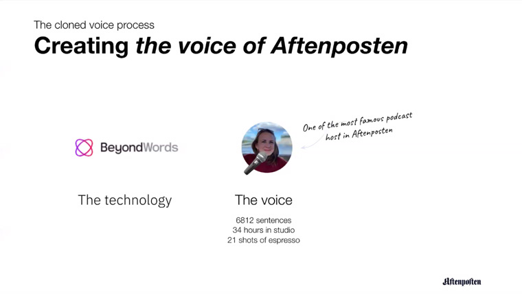 Aftenposten partnered with Beyond Words to clone the voice of its popular podcast host, Anne Lindholm.