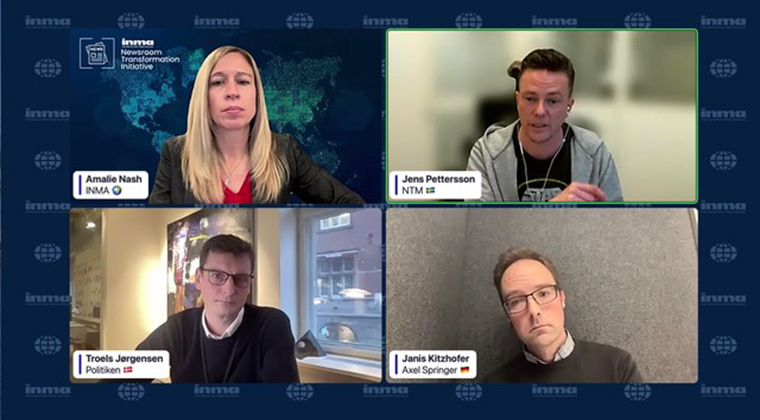 INMA Newsroom Transformation Initiative Lead Amalie Nash (top left), NTM's Jen Pettersson (top right), Politiken's Troels Jørgensen (bottom left), and Axel Springer's Janis Kitzhofer (bottom right) discuss data and newsrooms.