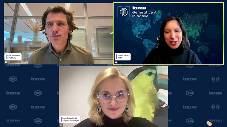 Lars Anderson, DPG Media; Sonali Verma, INMA; and Inga Apiecionek, Ringier Axel Springer provided an overview of how news companies can begin to use Generative AI.