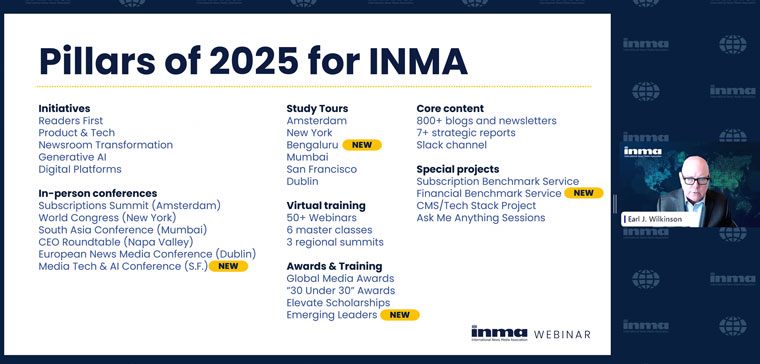 During this week's Webinar, INMA CEO Earl Wilkinson introduced the organisation's pillars of 2025.