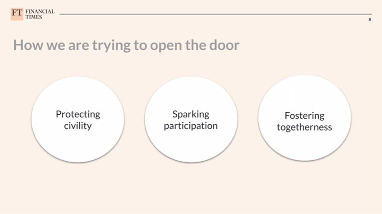 To build community, the FT is focusing on three areas: protecting civility, sparking participation, and fostering togetherness.