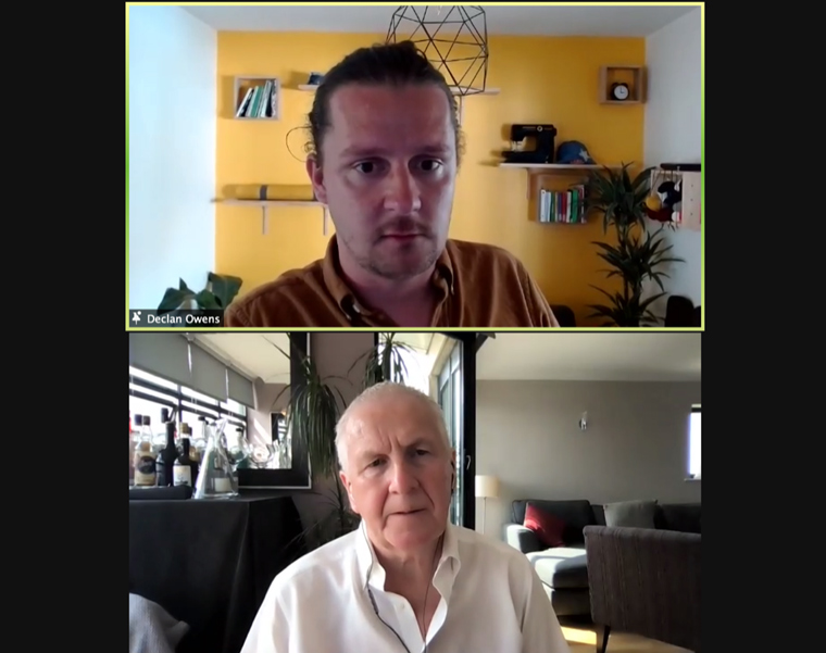 Declan Owens, digital analytics expert for Piano (top), talks with INMA Executive Product Mark Challinor (bottom) at Wednesday's INMA members-only Webinar.