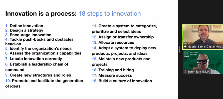 Gabriel Sama introduced his 18 steps to innovation and zeroed in on the six that are most relevant to newsrooms.