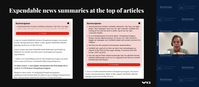 VG’s article summaries have a small blurb at the top of the article; then users click a button to see the entire summary.