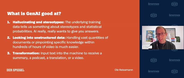 Ole Reismann explained some of the things GenAI does well and how newsrooms can leverage it.