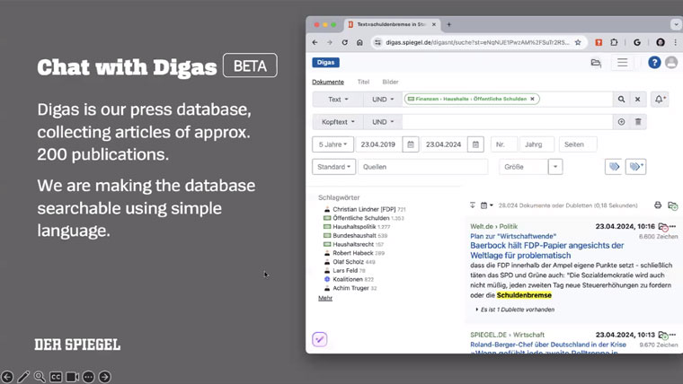 Der Spiegel's chat tool provides access to the company's extensive database of articles.