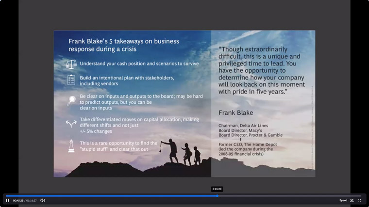 Frank Blake's key takeaways on business response during a crisis.
