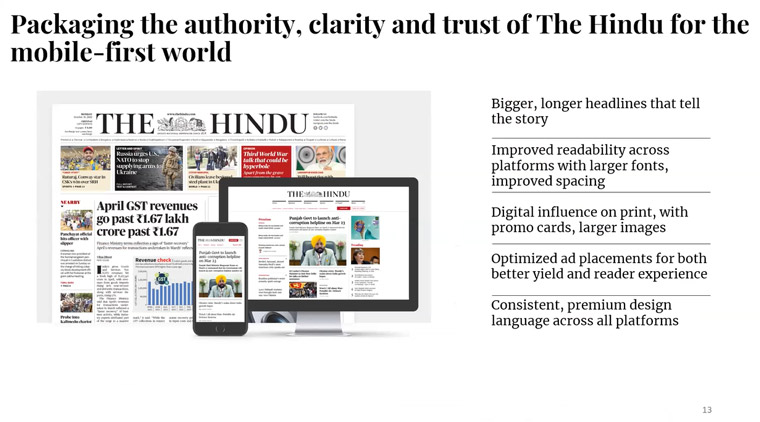 The Hindu's redesign marked the first time the same team redesigned the print publication, as well as the Web site and mobile app for a legacy publication.