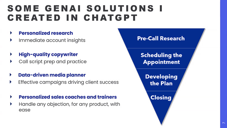 McCarthy developed multiple solutions for sales reps using GenAI.