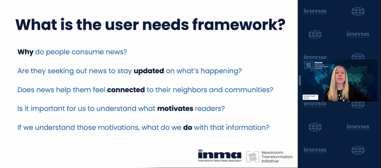 Amalie Nash, INMA Newsroom Transformation Initiative lead, explained the user needs framework.
