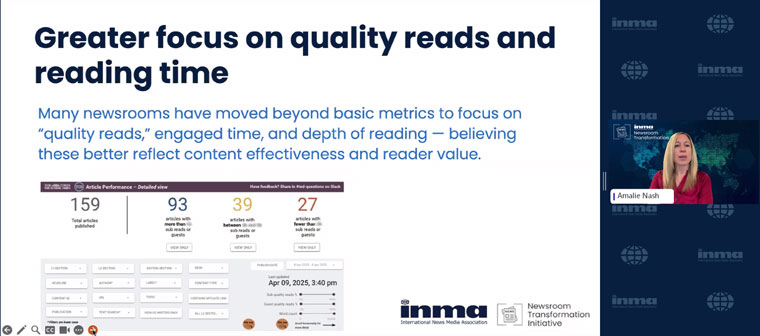 Amalie Nash shared some of the key findings from the recent INMA report, Beyond the Dashboard: 14 Case Studies in Newsroom Metrics.