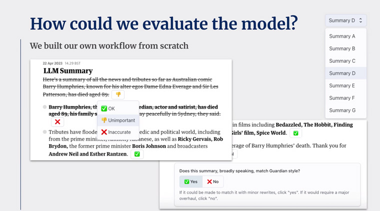 To evaluate the summaries, The Guardian built its own workflow from scratch and used volunteers from the newsroom.