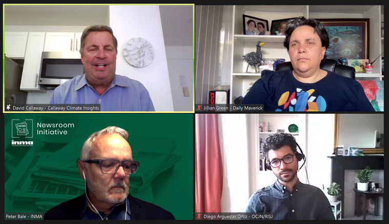 INMA's Peter Bale, lower left, was joined by David Callaway, Jillian Green, and Diego Arguedas Ortiz to discuss the business of covering climate change.