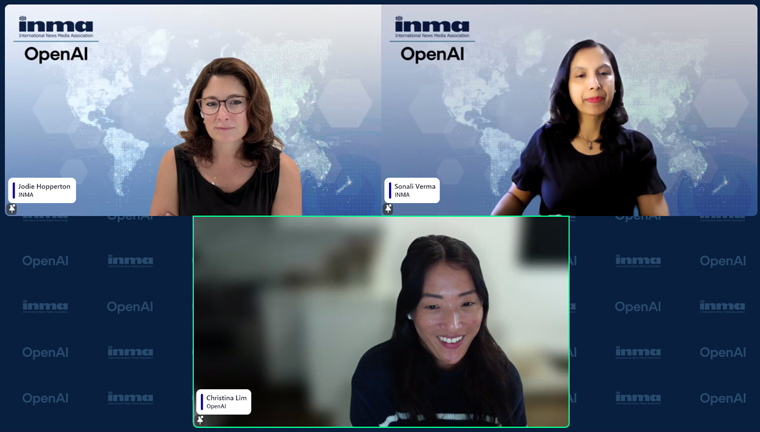 Christina Lim of OpenAI joined INMA initiative leads Jodie Hopperton and Sonali Verma for a discussion about how news media companies are using OpenAI.