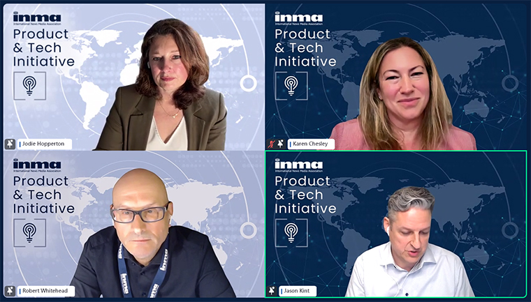 INMA's Jodie Hopperton and Robert Whitehead with The New York Times' Karen Chesley and Digital Content Next's Jason Kint at a Wednesday Webinar.