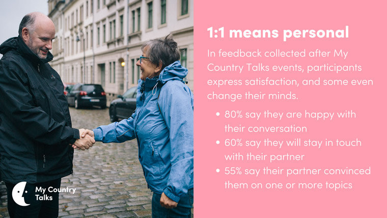 One-on-one personal conversations between two individuals help facilitate dialogue and conversation. 