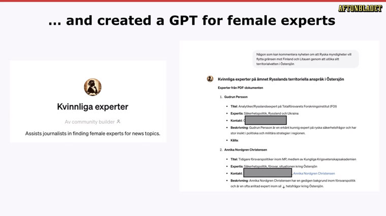 Using tools developed by the AI Hub, Aftonbladet discovered its coverage had a significant gender gap, so it created a GPT to recommend female experts.