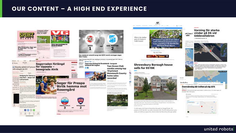 An example of some of United Robots' auto-generated content for publishers.