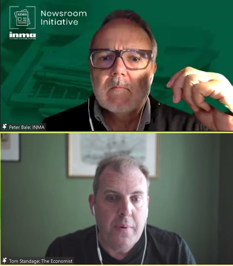 Peter Bale (top), lead of the INMA Newsroom Initiative, talks with Tom Standage, deputy editor of The Economist.