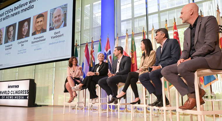 From left to right: Sinead Boucher, CEO of Stuff; Frederic Kachar, CEO of Infoglobo; Catherine So, CEO of the South China Morning Post; Praveen Someshwar, managing director and CEO of HT Media Group; and Gert Ysebaert, CEO of Mediahuis Group.
