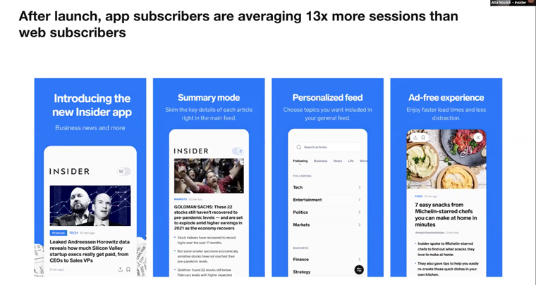 Principal Product Manager Alla Novik said app subscribers spent more time with Insider content than Web subscribers.