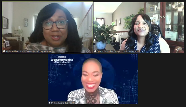 Alesha Williams Boyd, senior digital director for Gannett (top left), Cynthia Benjamin, director of audience engagement and trust (top right), and Brainsnacks moderator Terri Karelle Reid (bottom) discuss Democrat and Chronicle's diversity initiative. 
