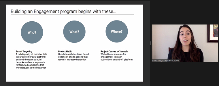 Belma Kolayli, engagement marketing manager at The Wall Street Journal, explained the media company's three Ws of engagement.