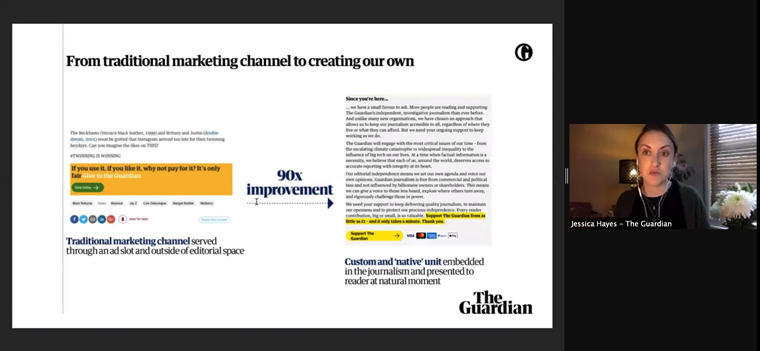 Guardian Deputy Director of Communications Jessica Hayes shared the 90% improvement in paying readers after a marketing pivot.
