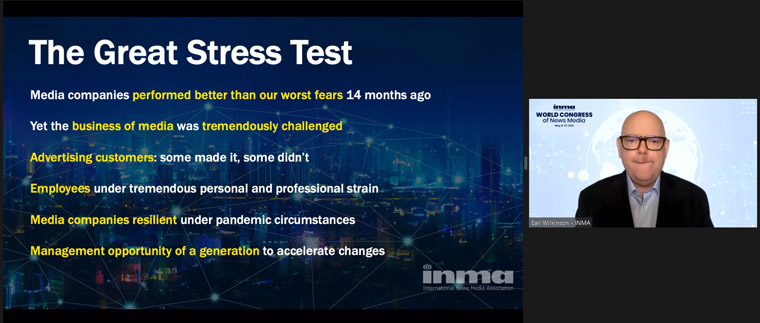 Earl J. Wilkinson, INMA executive director and CEO, went over the past year of challenges for media.