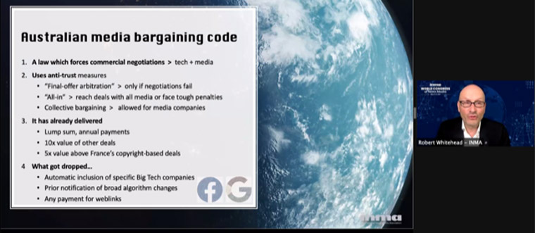 Robert Whitehead, the lead of INMA's Digital Platform Initiative, offered a refresher on the media bargain code.