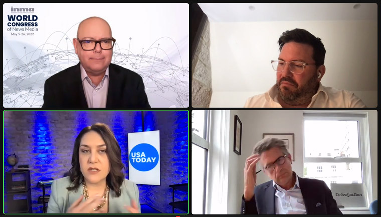 INMA CEO/Executive Director Earl J. Wilkinson (top left); Damian Eales, president of INMA and global head of transformation at News Corp (top right); Maribel Perez Wadsworth, first vice-president of INMA and president of news at Gannett (bottom left); and Stephen Dunbar-Johnson, second vice-president of INMA and president of international news at The New York Times (bottom right).