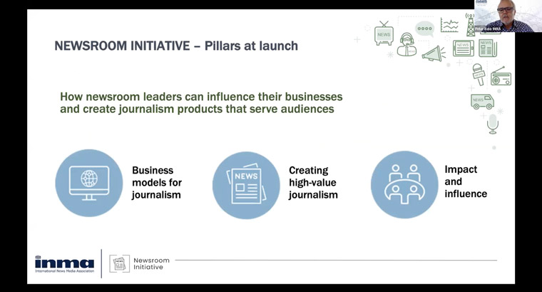 Newsroom Initiative Lead Peter Bale explained the three pillars of the new INMA initiative.