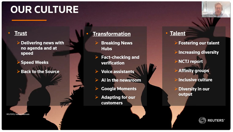 Reuters Global Managing Editor of News Publishing Simon Robinson explained the company's priorities of trust, transformation, and talent.