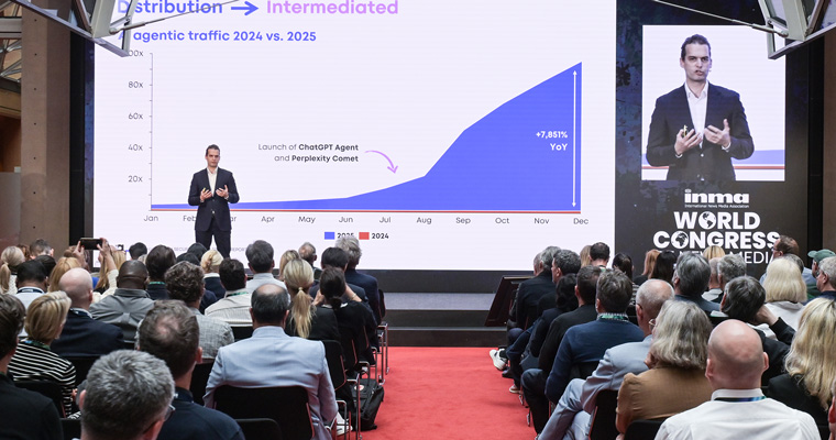Claudius Senst, COO at Axel Springer, speaks on the main stage in Berlin.